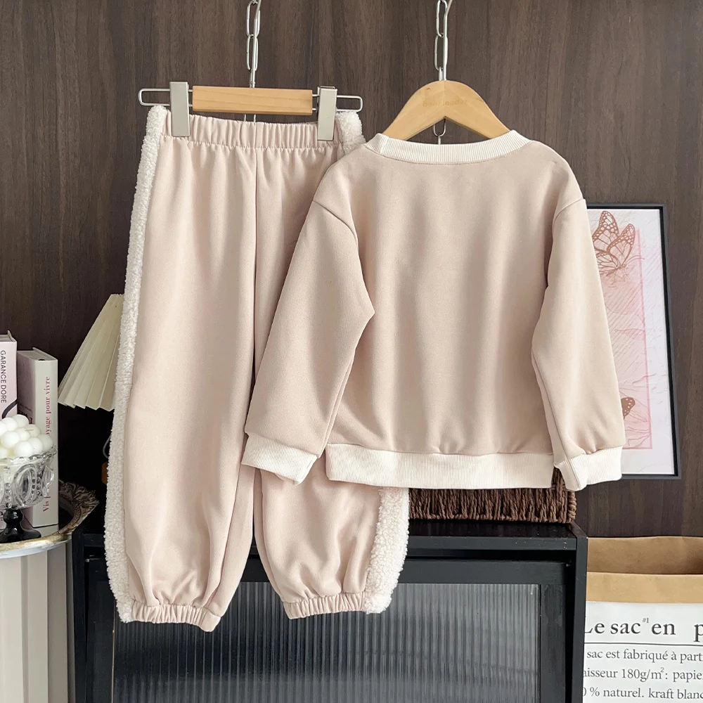 Autumn and Winter Promotion Khaki Lamb Wool Patchwork Embroidered Hoodie+pants Two-piece Set Korean Version