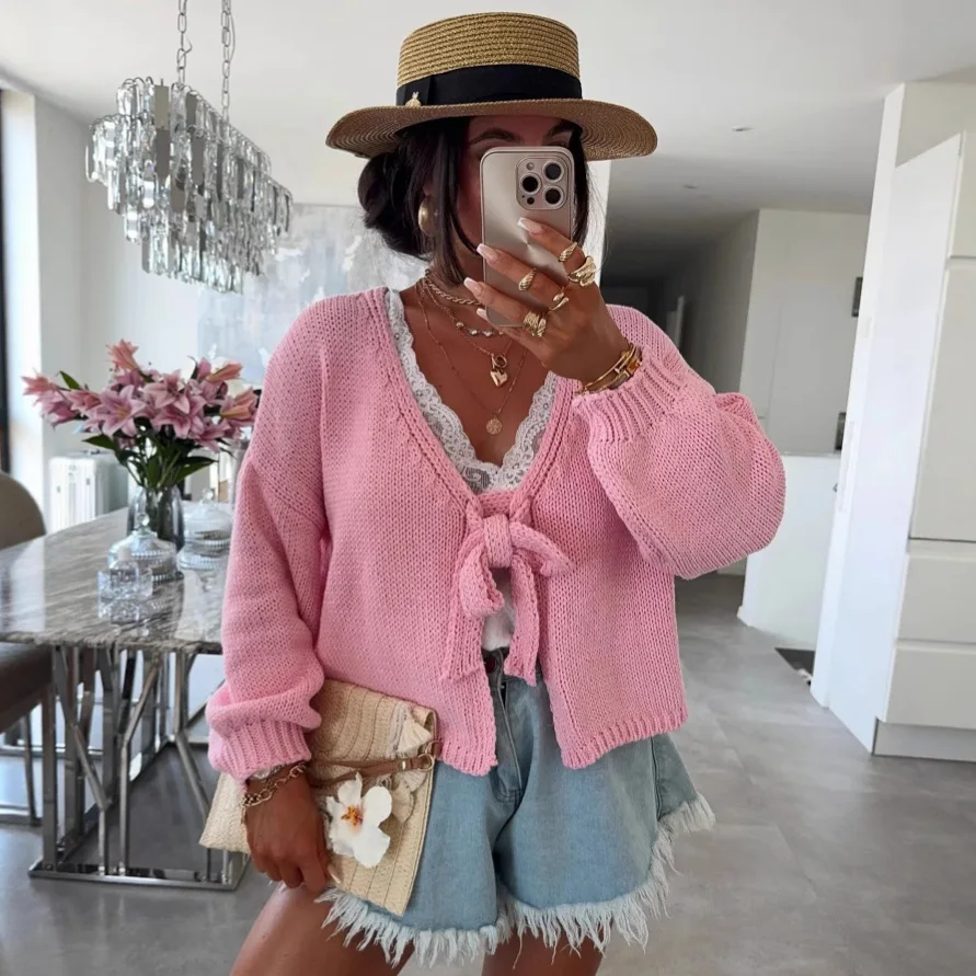 

Winter 2025 ort Front And Ba Cardigan Jaet Sweater Girls Loose Fit Long Sve Polyester Fiber Knot Pure Color