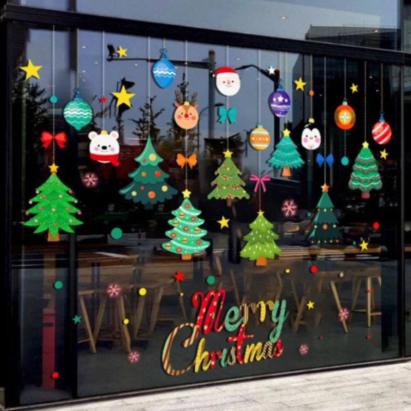 Colorful Cartoon Ornament Christmas Tree Snowman Reindeer Pendant Static Window Cling Double-Sided Merry Christmas Letter