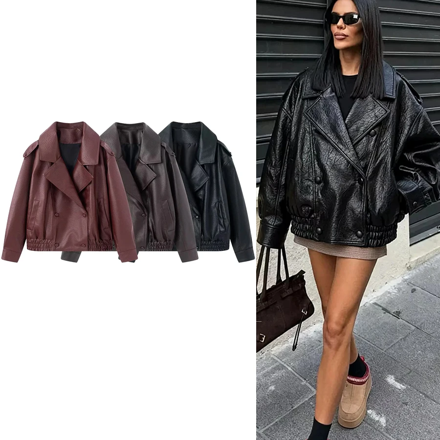 

Женская модная куртка из искусственной кожи с отложным воротником, длинными рукавами, двубортная, весенняя, повседневная, укороченная, в уличном стиле