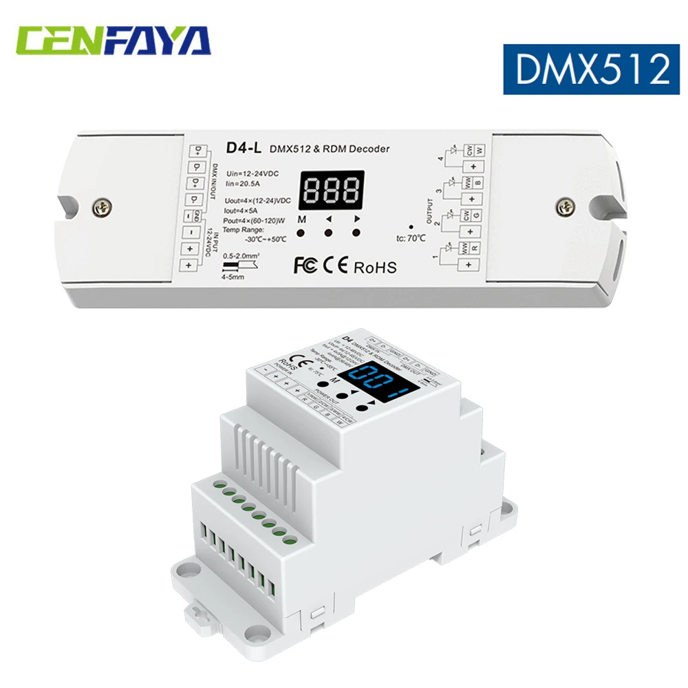 CENFAYA 4CH Constant Voltage DMX512  RDM Decoder D4 DIM/CCT/RGB/RGBW DMX512 Dimmer Din Rail Mounted 4 Channel Dimming Controller