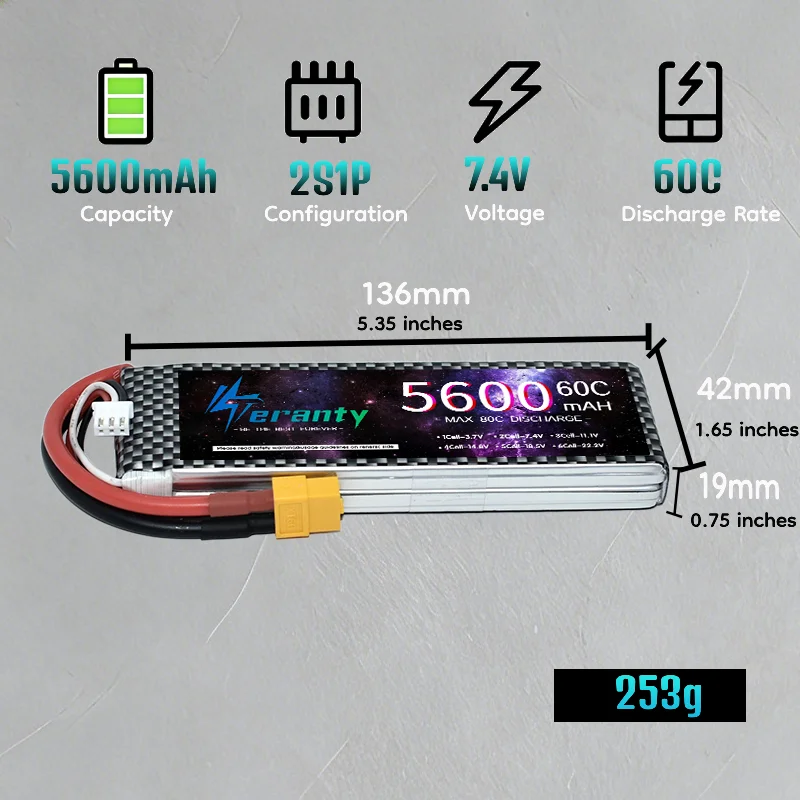 TERANTY 2S Battery 7.4V 5600Mah 60C For RC Car Batteries For RC Off-Road Vehicles, Racing Cars, 4WD Cars, Helicopters And Boats