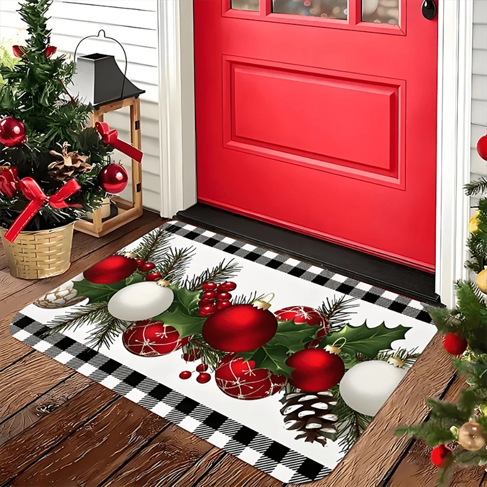 قطعة واحدة من ممسحة ممسحة بطابع عيد الميلاد مع كرات، سجادة ترحيب للباب الأمامي الخلفي للعطلات في الأماكن المغلقة والخارجية. #1