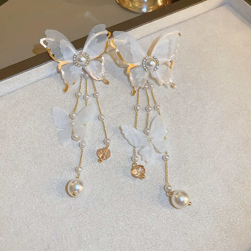 Temperament White Butterfly Drop Earrings Long Tassel Hanging Earrings Women\'s Fashion Imitation Pearl Earrings Jewelry