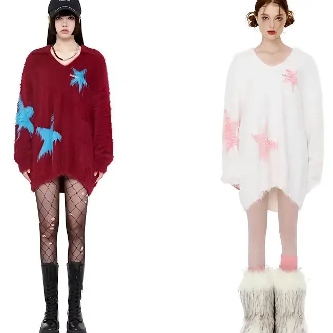 Yabiby Zachte Nepbont Oversize Trui Herfst Winter Y2K Luie Sle Sterrenprint Zoete En Pittige Top Dames Faion kleding