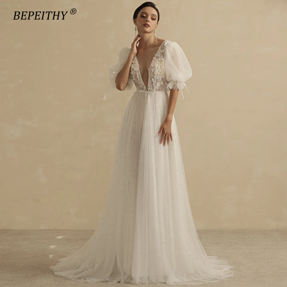 BEPEITHY Customized Real Image Wedding Dresses For Women 2023 Bride Pearls Half Sleeves Beach Boho Bridal Party Gown Open Back