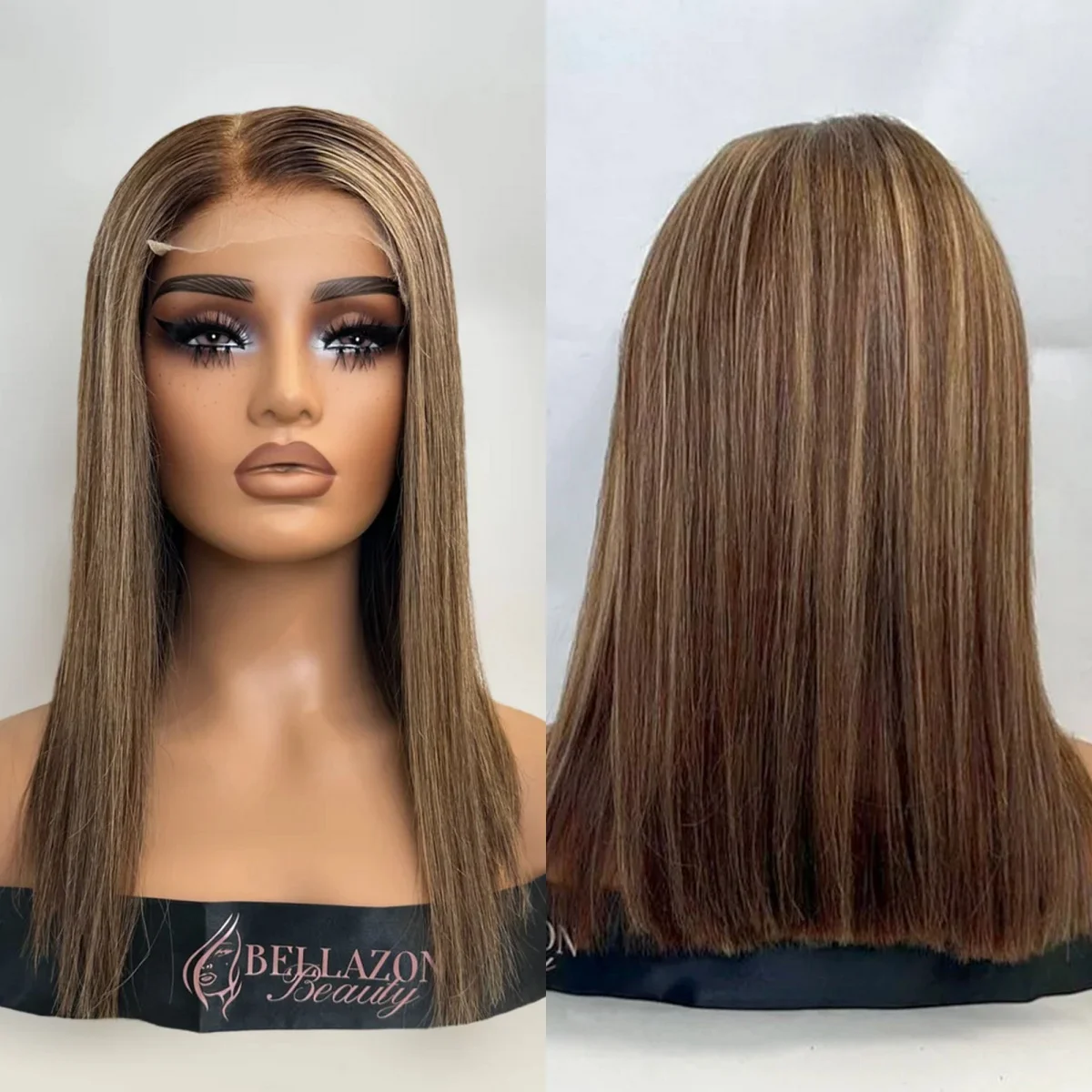 Bob Natural Straight Honey Brown Highlights 13*4 HD Transparent Lace Wigs Realistic Look Natural Hairline Heat Resistant Fiber