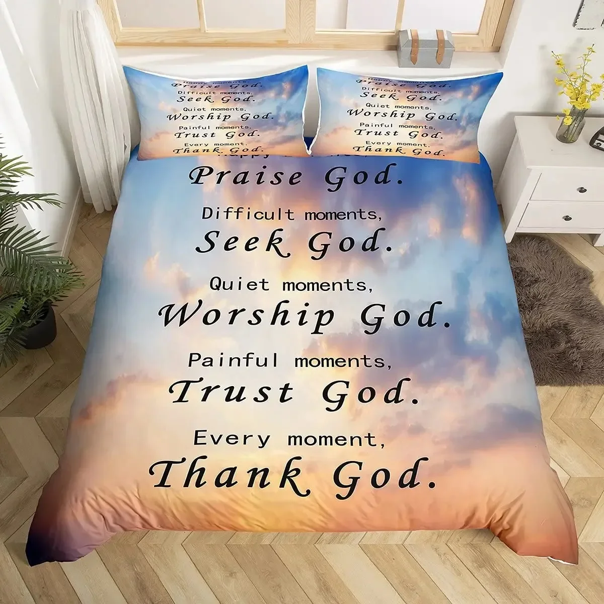

Christian Healing Duvet Cover Set with Inspirational Thoughts and Prayers Women Bedding Sets Colorful Sky Bedspreads Cover Queen