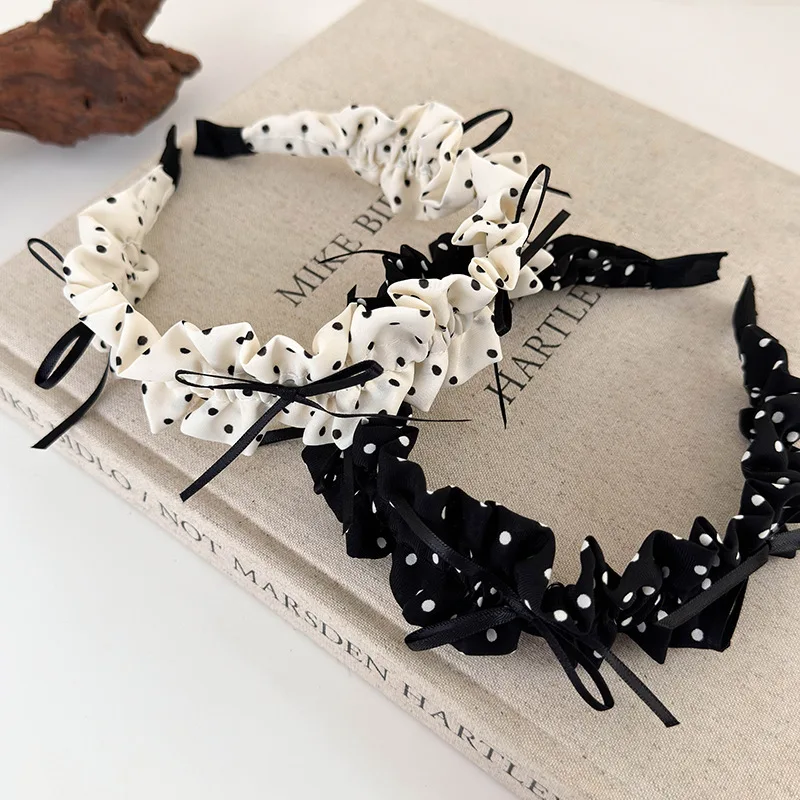 

Retro Black White Polka Dot Bow Headband Wide Pleated Hair Band Woman Girls Sweet Elegant Hair Hoop Fashion Hair Accessories New