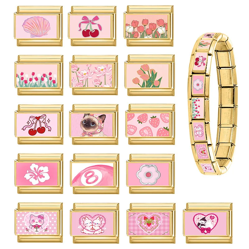 Y2K Pink Design Lovely Cat Dogs Bow Cherry Tulip Golden Italian Charm Links 9mm Bracelets Bangle Stainless Steel DIY Making Gift