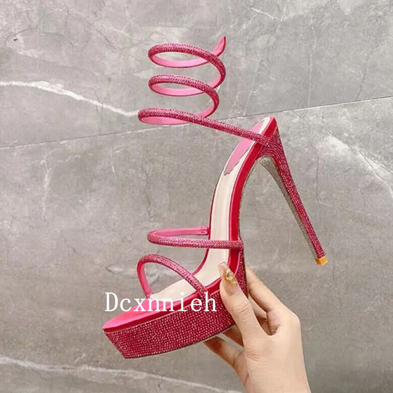 Summer New Crystal Decoration Thin Heel Sandals Women Solid Color Simple Versatile Narrow Band Sandalias Sexy Party Dress Shoes