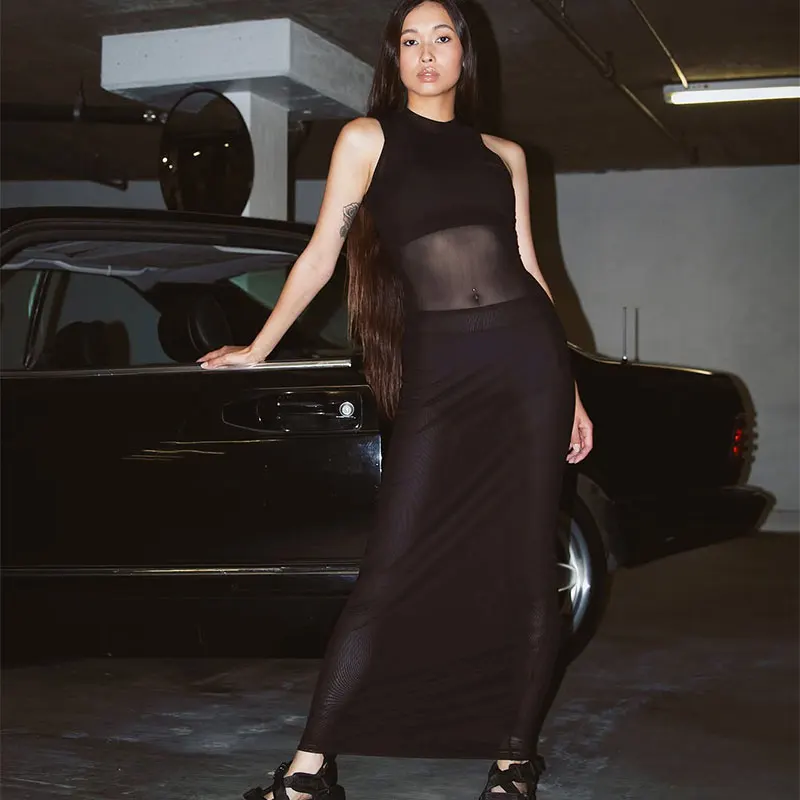 Nouvelles robes d'été pour femmes, sans manches, transparentes, élégantes, noires, Sexy, Maxi, mode, col rond, décontractées, Slim, vêtements