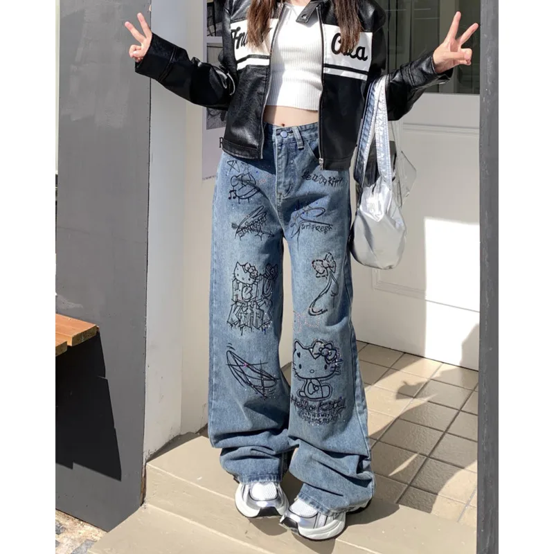 Hello Kitty Y2k Retro Baggy Jeans High Street Hot Diamond Zipper Wide Leg Trouser High Waist Straight Blue Denim Pants For Women