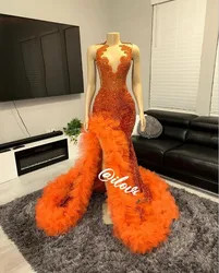 Orange Sparkly Long Prom Formal Dresses for Women 2024 Luxury Diamond Crystal Feather Slit Evening Birthday Gala Gown Black Girl