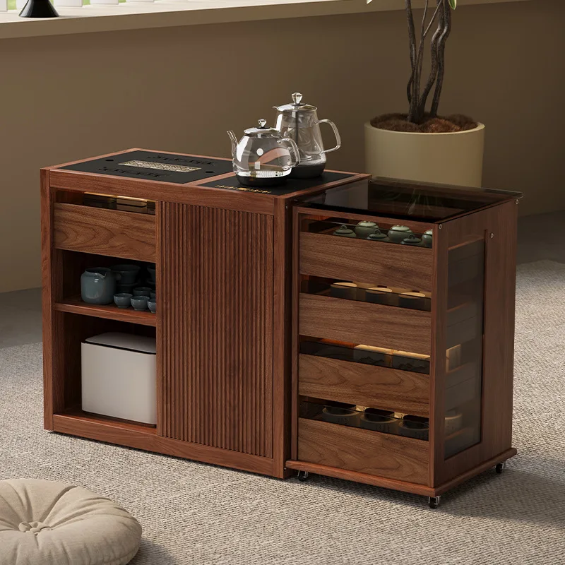 Solid wood coffee table, mobile integrated home tea cabinet, tea cart, balcony brewing table