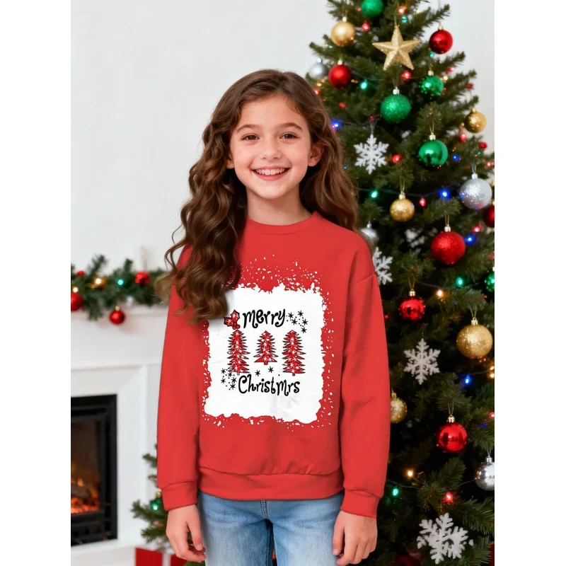 

Girls' Red Christmas Sweatshirt 2026 - Children's Long - Sleeve Round - Neck Top with Christmas Tree and "Merry Christmas" Print