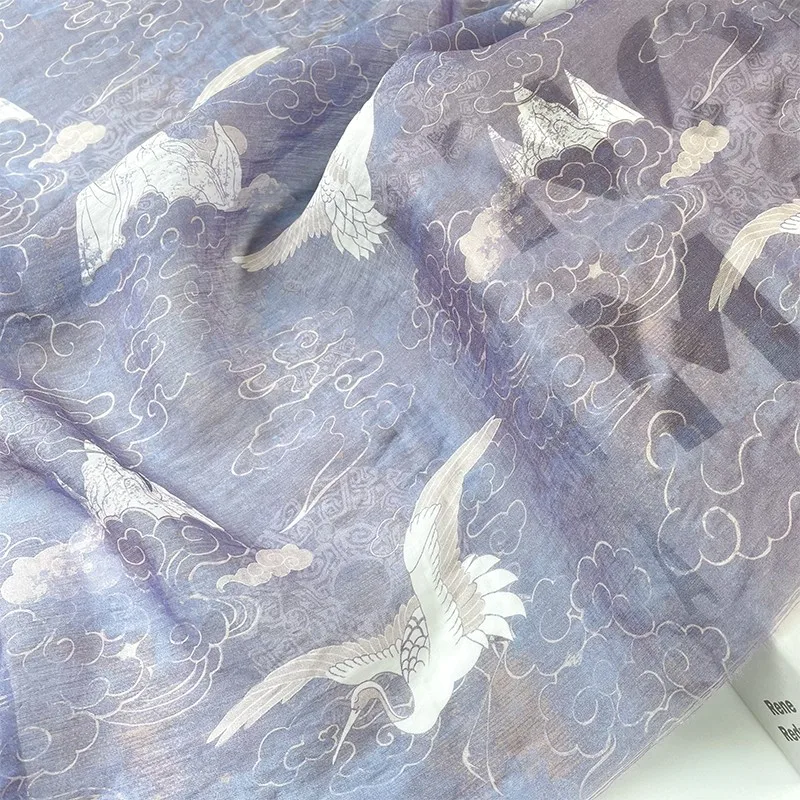 2 Yards of Gray-Blue Cloud and Crane Print Tencel Linen Fabric, Traditional Chinese Style Fabric for Hanfu Shirts and Skirt DIY