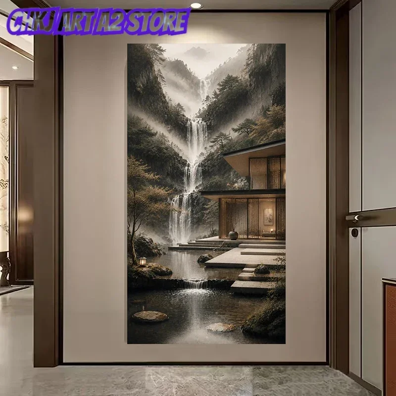 Tranquil Waterfall Cascade Zen Garden Landscape Nature Poster and Prints Canvas Painting Wall Art Pictures Home Decor Cuadros