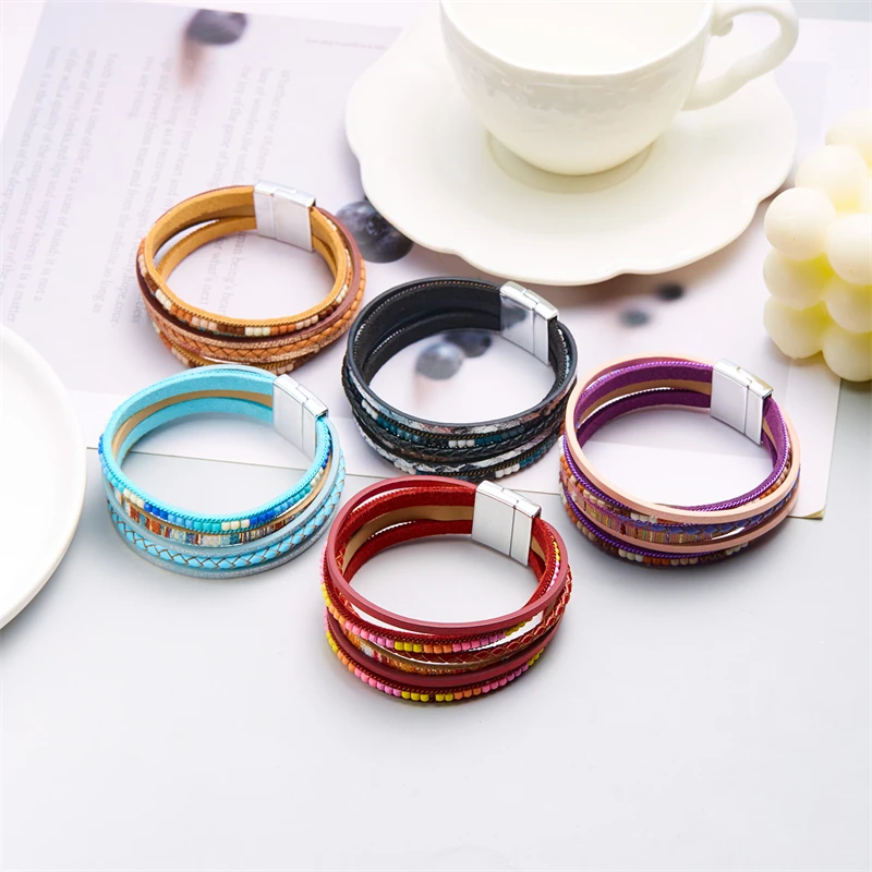 Böhmische Vintage mehr schicht ige Leder armbänder für Frauen hand gefertigte gewebte Leder breite Magnet verschluss Herren Armreif Modeschmuck – Detail 4