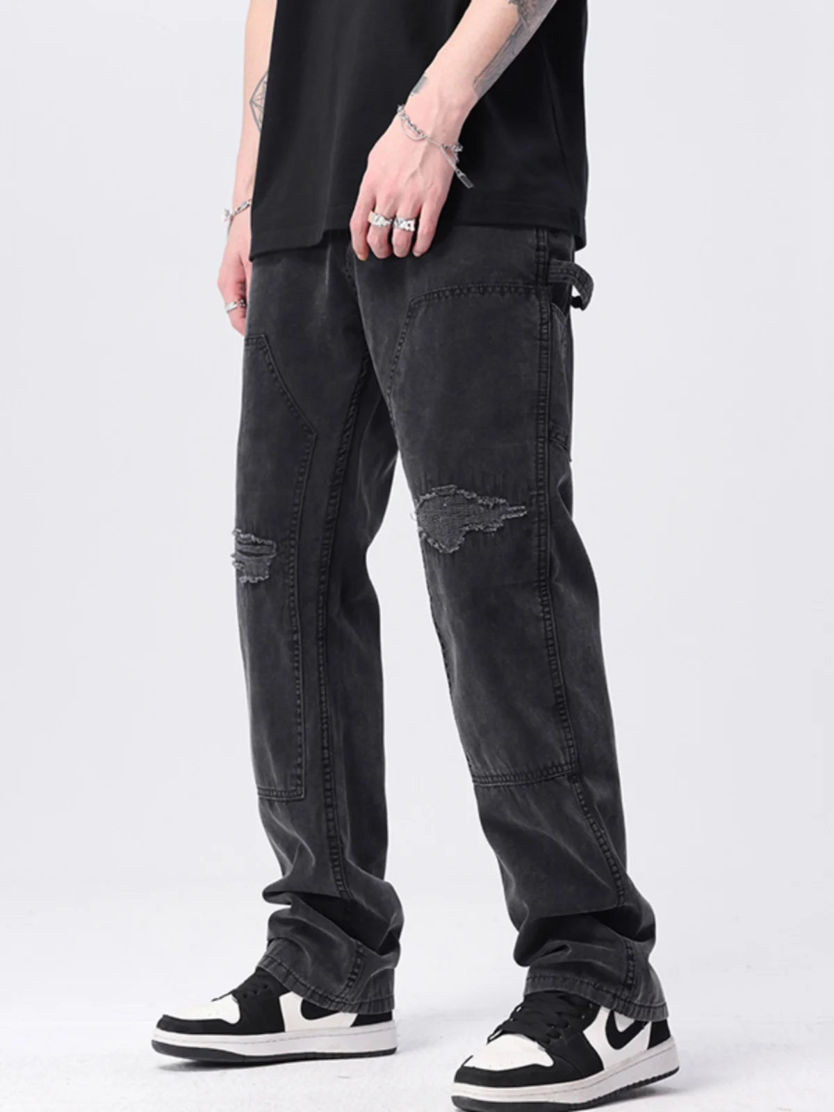 

Loose Straight Leg Men's Denim Jeans High Street Torn Brown American Style Spring Autumn New Casual Pants Youth Wear