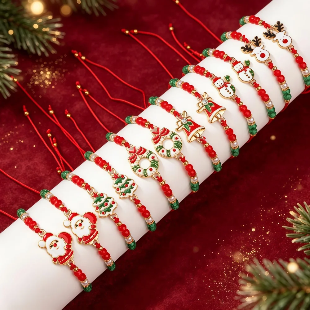 12Pcs/Lot Christmas Enamel Charm Adjustable Bracelets With Snowman Elk Pendants Xmas Party Favors Holiday Jewelry Gifts For Kids