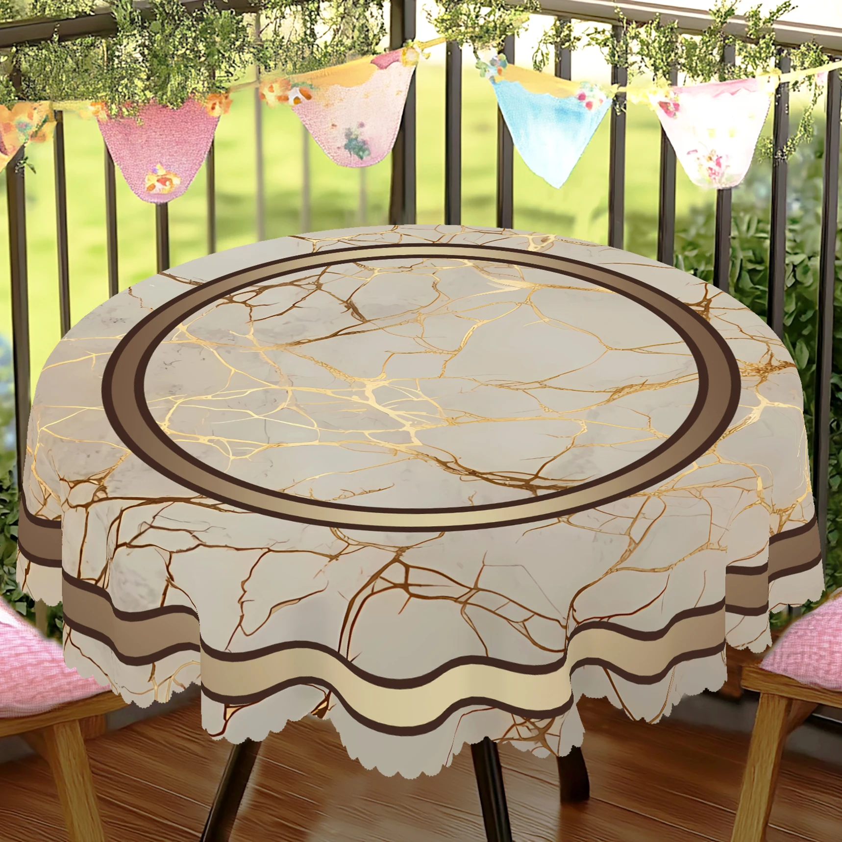 1 Piece of Marble Print Round Tablecloth, Available in 5 Sizes, Gold Marble Pattern Printed Tablecloth, Embossed Edge Craftsmanship, Daily Courtyard Tablecloth Decoration, Suitable for Daily Home Kitchen and Patio Use, Spring Decoration