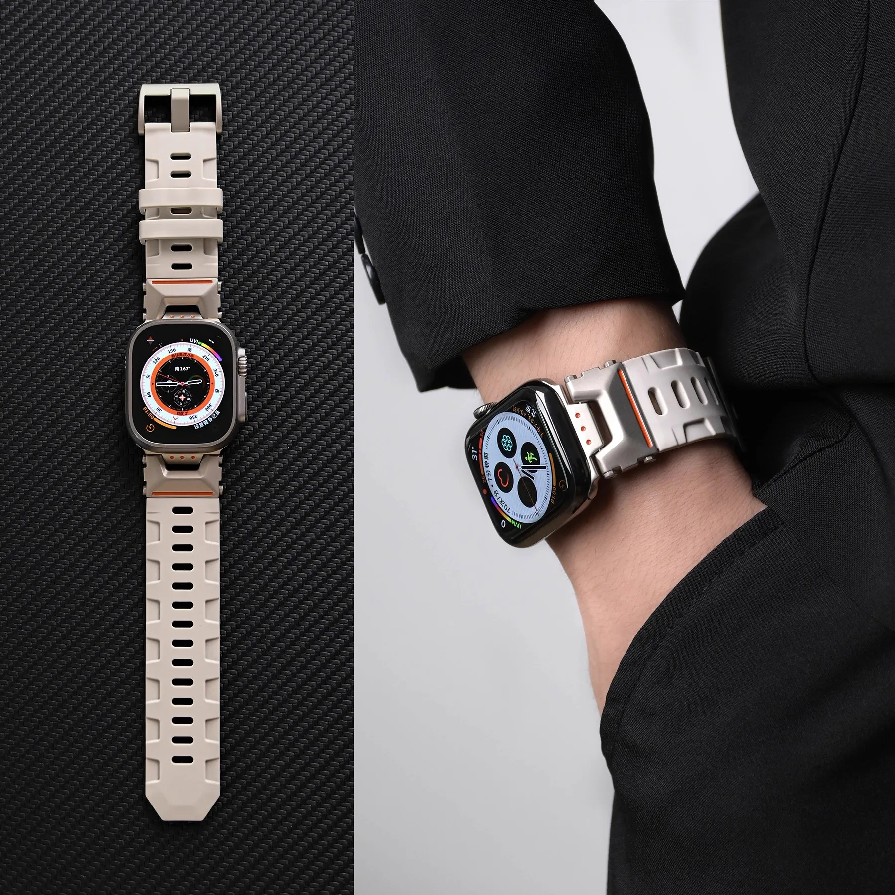 

Machine Silicone Strap for Apple Watch Series 11 10 Ultra 3 49mm Band with Stainless Steel Connector for Series 9 8 7 6 SE 3