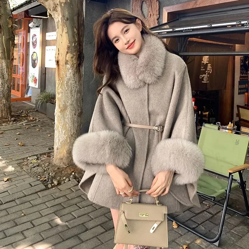 Fox Fur Woolen Coats Women's Short Coat Office Lady Removable Elegant Double-sided Wool Overcoat 2025 New Cardigan Jacket