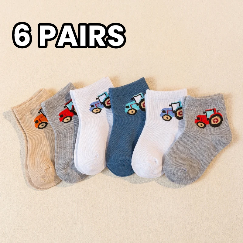 6 pairs  kid's socks feature car patterns. They are breathable and comfortable, suitable for daily wear in spring and summer.