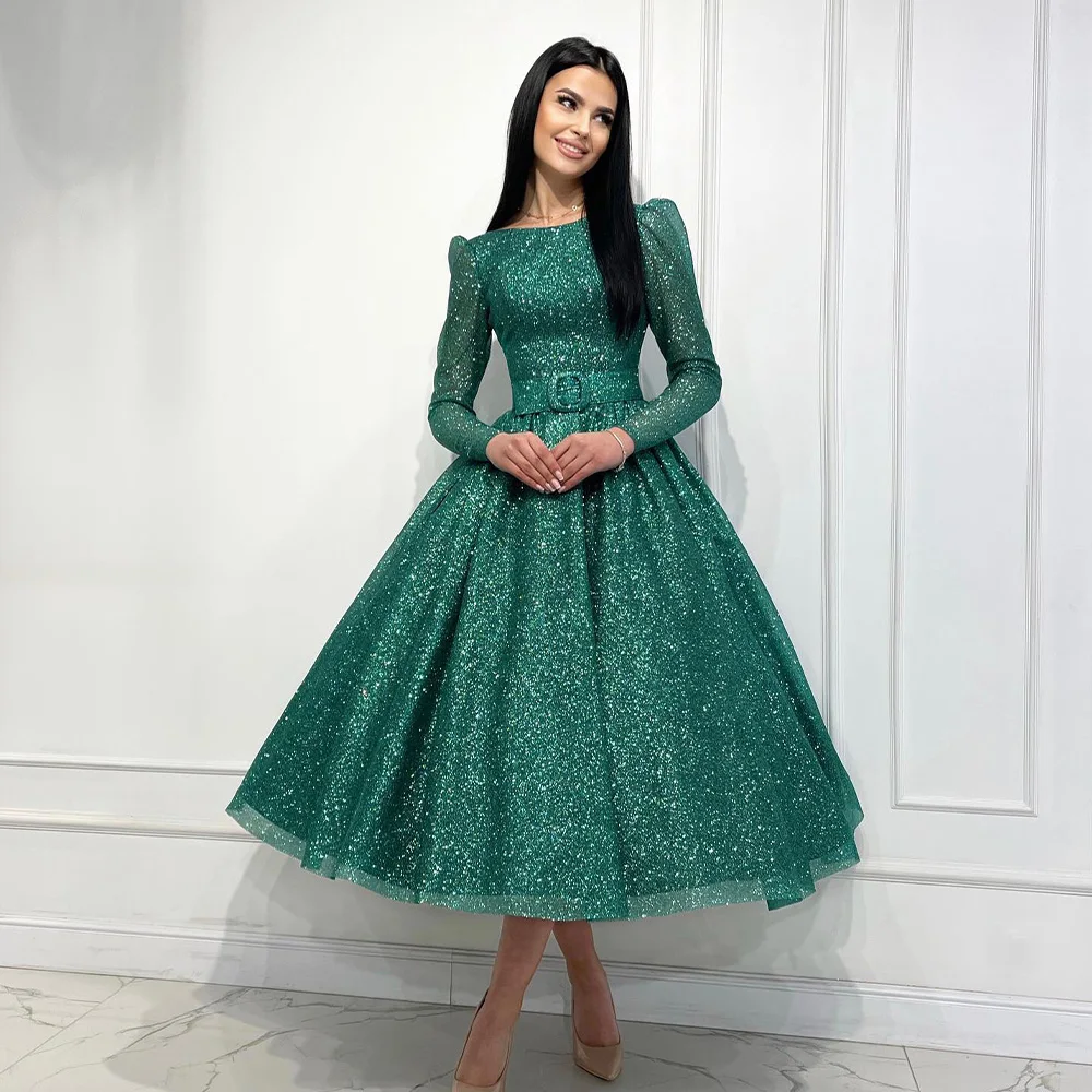 

Stunning Long Sleeves Dark Green Tulle A Line Prom Dresses Backless Custom Made Formal Party Grown Girl wear