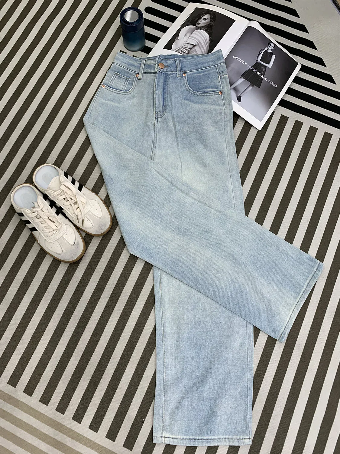Koreańskie, słodkie, proste, luźne jeansy z szerokimi nogawkami, damskie spodnie z wysokim stanem, wyszczuplające, uniwersalne, codzienne, długie spodnie, modne.