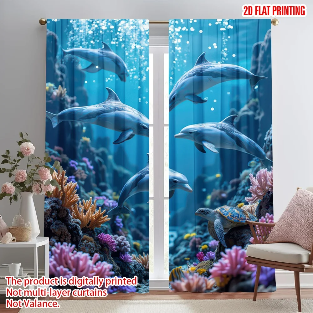 

2D flat printing 2pcs Window Curtains Dolphins and Coral Reef Digital Printed Polyester Drapes Birthday Party Use for Holiday