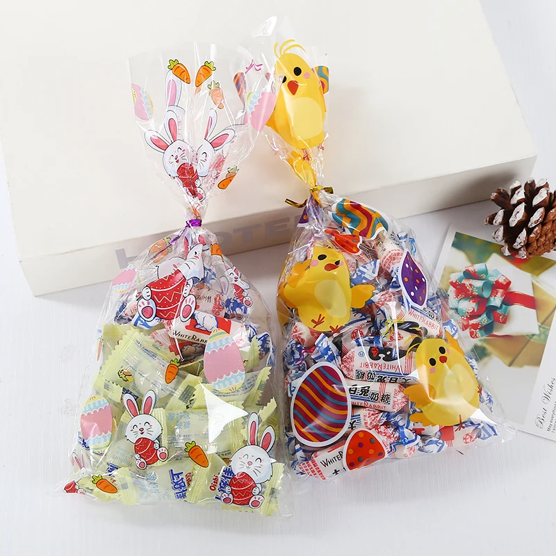 50pcs/lot Easter Happy Candy Bag Rabbit Chicken Egg Transparent Plastic Bag Easter Children's Birthday Snack Cookies Gift Bag