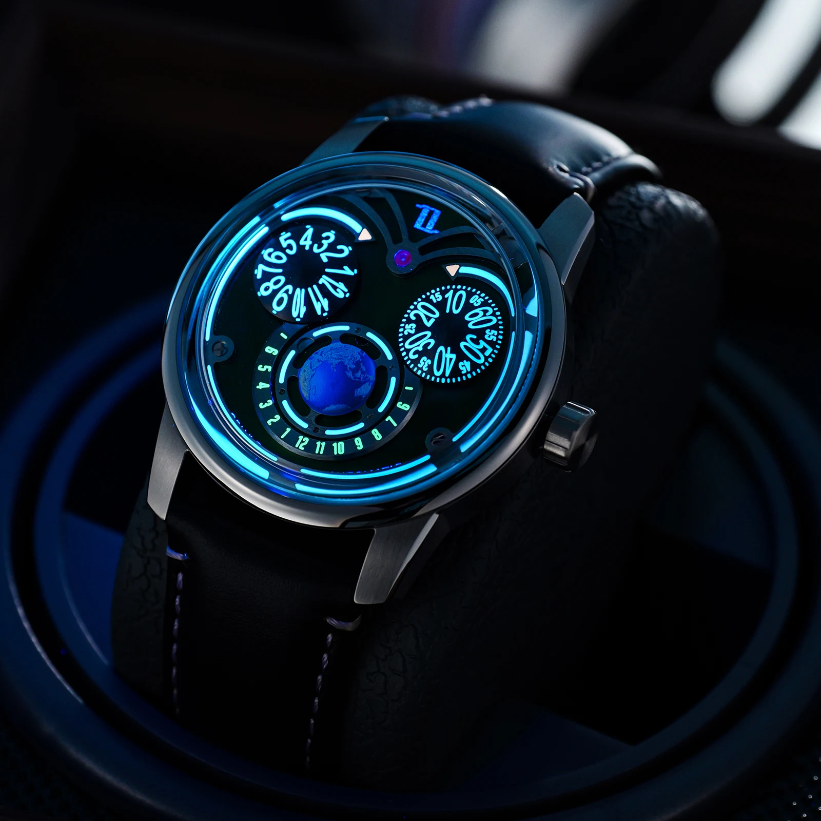 OBLVLO للرجال موضة النسر 3 عيون ساعة أوتوماتيكية مينا أخضر أزرق مضيئة مقاوم للماء ساعة ميكانيكية جلدية مقاومة للماء JM-EAG