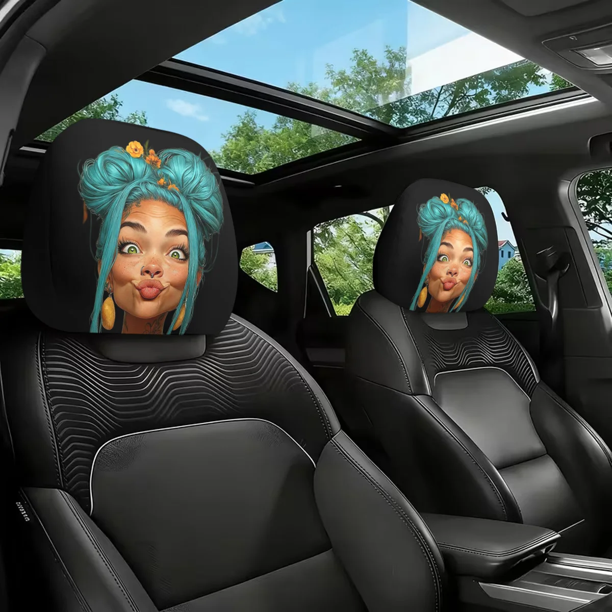 Cartoon Colorful Hair Playful Character Print Headrest Covers, Lightweight & Durable, All-Season Car Headrest Covers