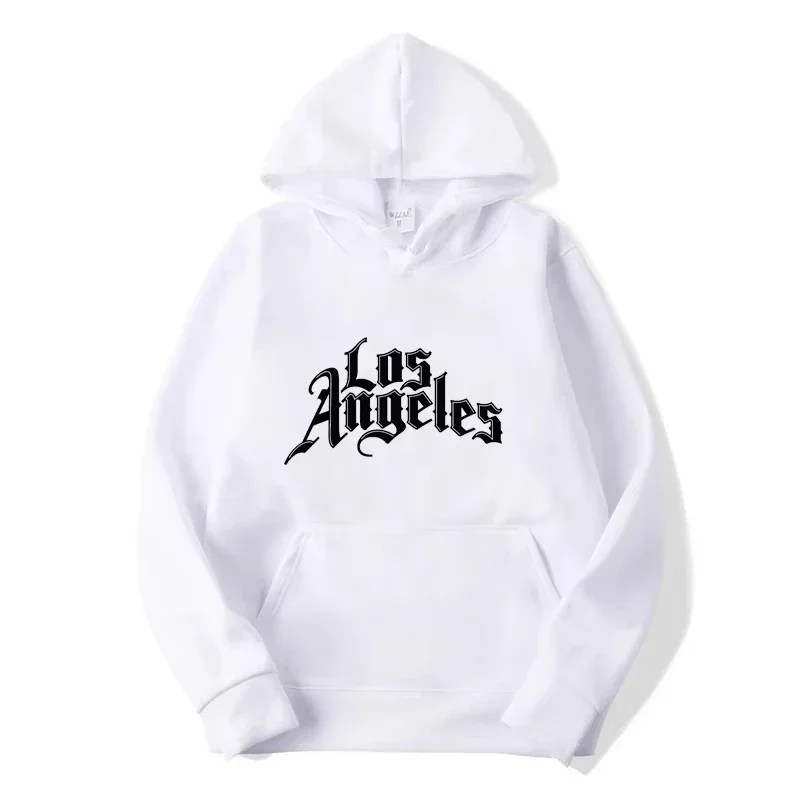 Los Angeles Hoodie Gothic Script Letter Print Streetwear White Unisex Men Women Oversized Casual Sweatshirt Long Sleeve