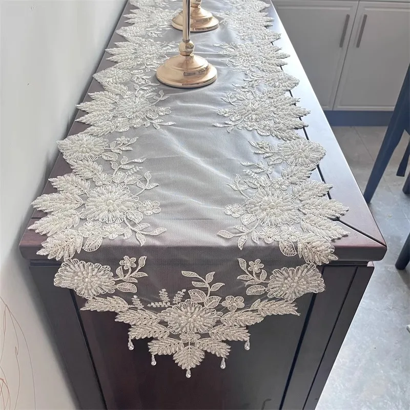 

NEW Lace Beads flower embroidery Table flag Runner cloth cover tablecloth Christmas Wedding Table decoration and accessories