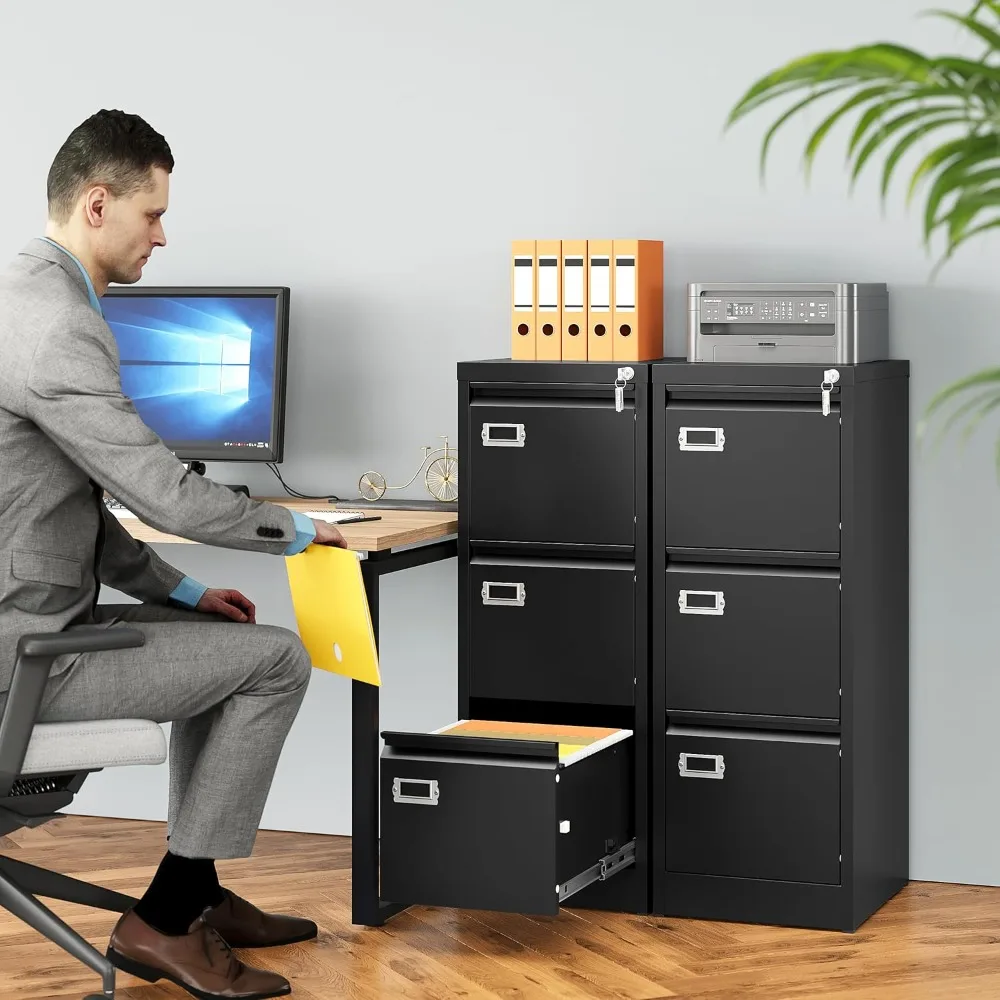 Narrow Vertical Three-Drawer Metal File Cabinet with Lock, Secure Storage for Small Black Filing Needs