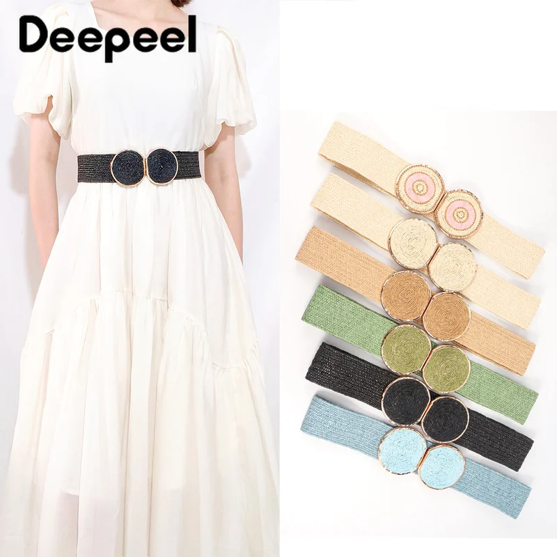 

1Pcs Deepeel 5*70cm Bohemian Style Woven Round Waist Belt Womem's Elastic Waistband for Summer Beach Dress Decoration Ribbon