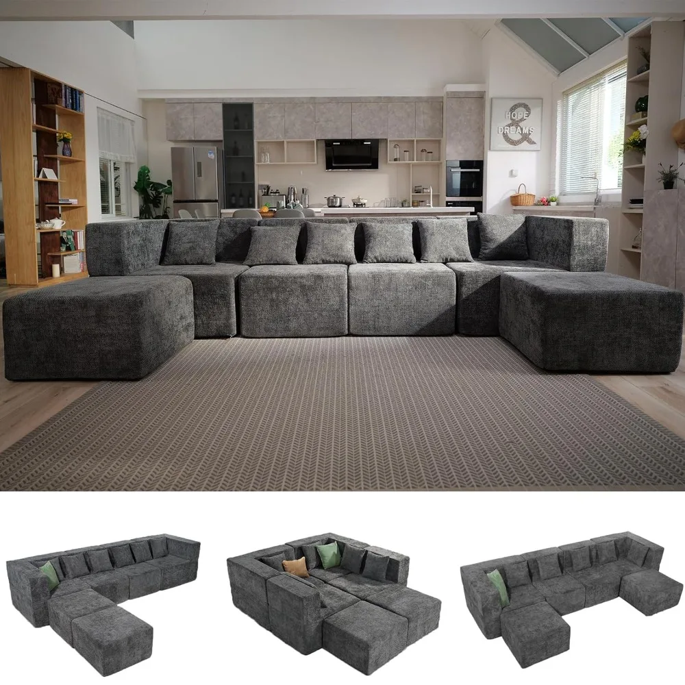 Modular Sectional Cloud Couch for Living Room - 130'' 6 Seater Convertible Chenille Couches Set with Ottoman, No, Customized