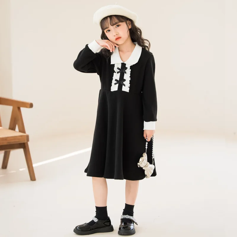 Korean Spring Autumn School Girl One-piece Dress Children Girl Bow Polo Collar Long Sleeve Dress Teenager Girl Princess Dress