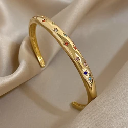 Exquisite Colorful Star Rhinestone Open Bracelet for Women Fashion Gold Plated Stainless Steel Chunky Bangles Waterproof Jewelry