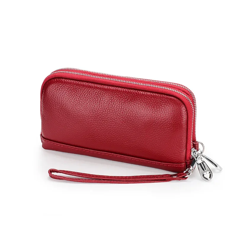 Women's Leather Clutch Bag Double-layer Zipper Mobile Phone Bag Long Head-layer Cowhide Multi-function Wallet Card Holder