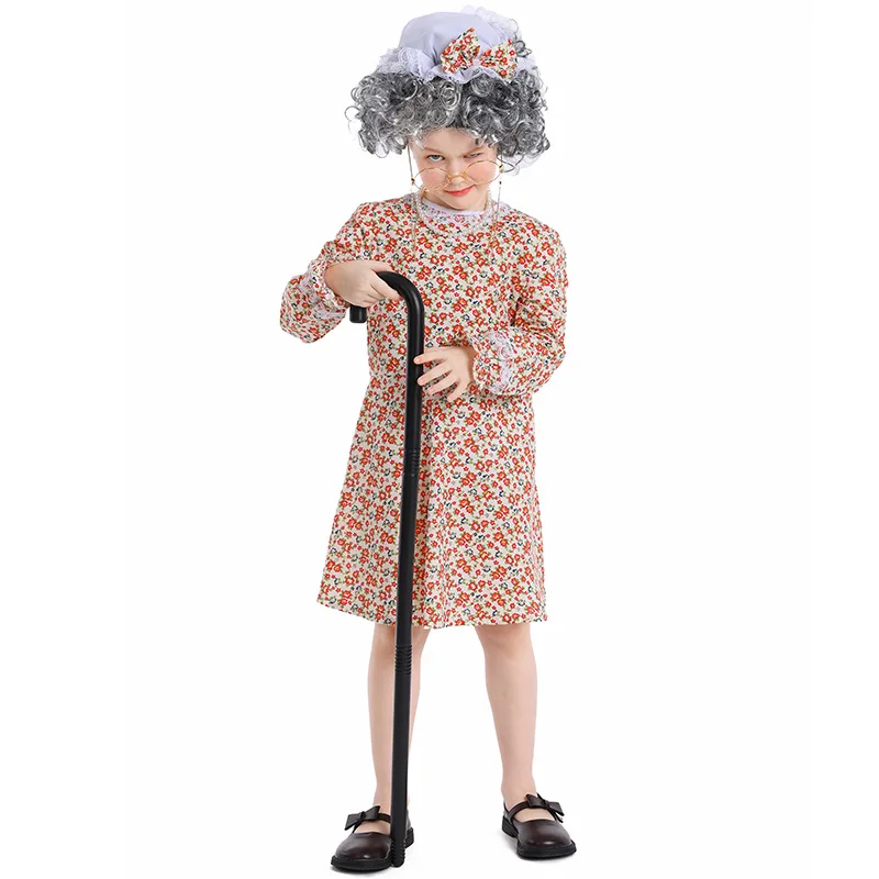 Umorden Child Kids Old Woman Lady Costume for Girls Granny Grandma Cosplay Dress Wig Crutch Glasses Full Set 4-16Y Tween & Teens