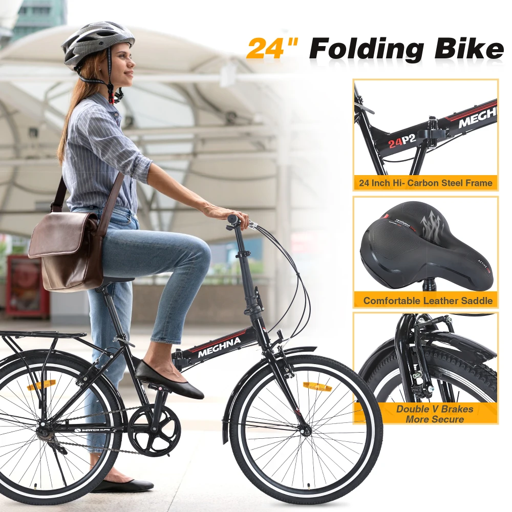 Free Shipping 24Inch Adults Folding Bike Single Speed Steel Frame Dual V Brakes 220LBS Capacity Fenders Compact Commuter Bicycle