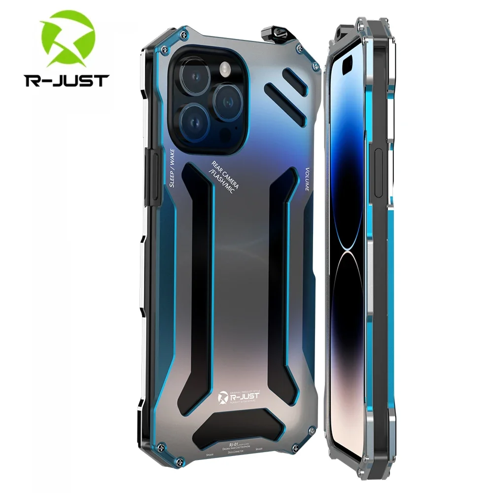 Original R-JUST Metal Armor Case For iphone 14 Pro Max Cover 12 Shockproof Cover 11 13 15 Plus Xs Max Protect Phone Coque Funda