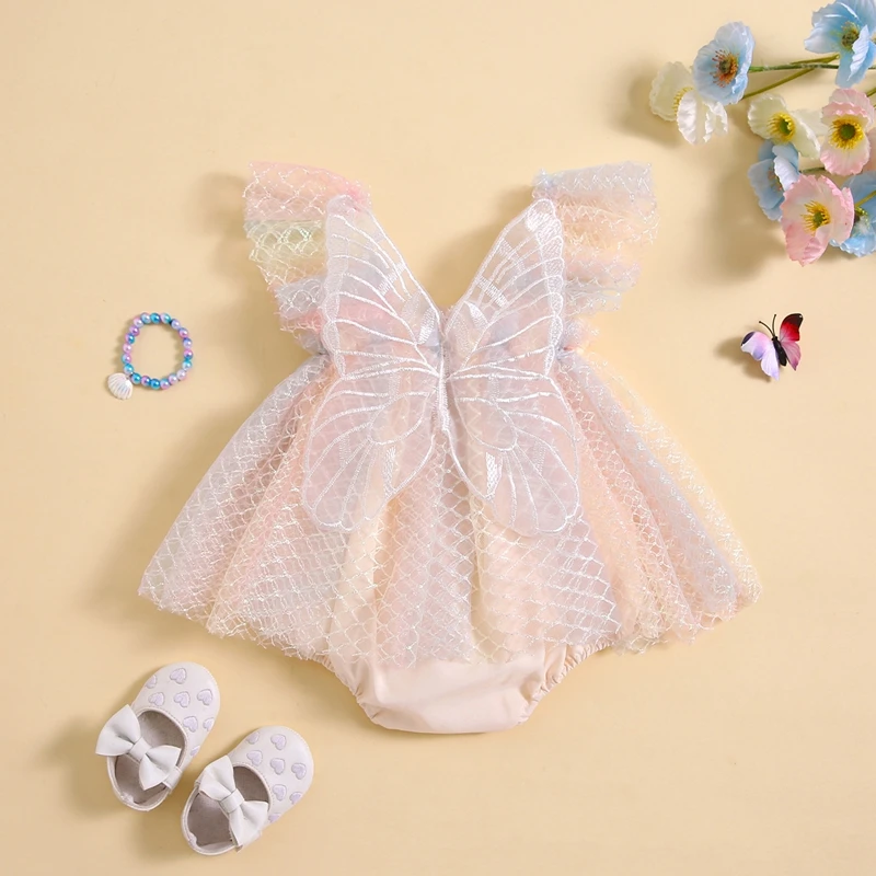 

Newborn Baby Girl Summer Romper Dress Butterfly Wings Fly Sleeve Rompers Mesh Bodysuit Rainbow Mermaid Dress