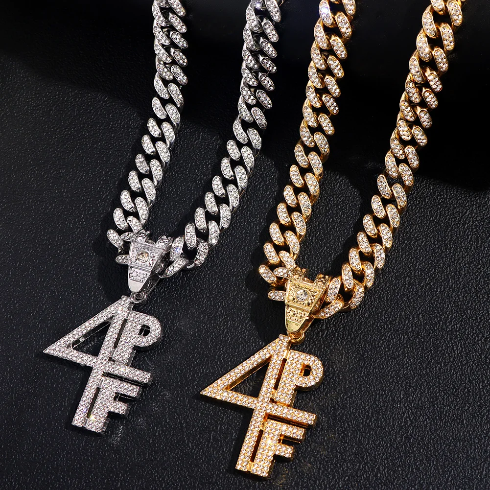 Hip Hop 4PF Letter Crystal Pendant Necklace with 13mm Iced Out Rhinestone Cuban Link Chain Necklace For Women Men Punk Jewelry