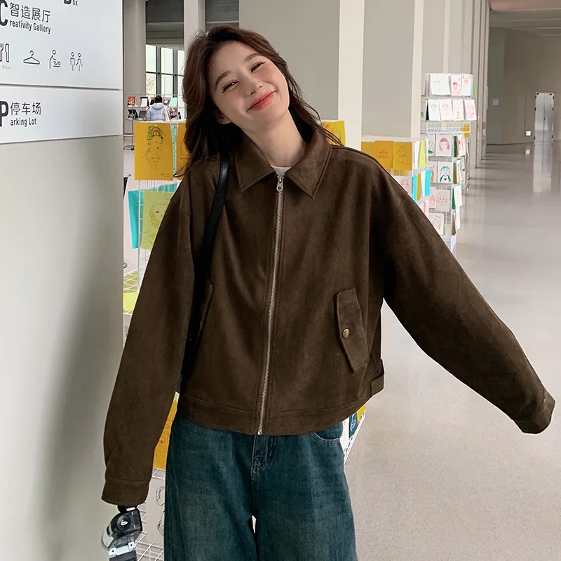 

Women's Maillard Style Short Suede Jacket Fall Winter New Arrival American Retro Lazy Cool Chic Lapel Zipper Casual Short Jacket