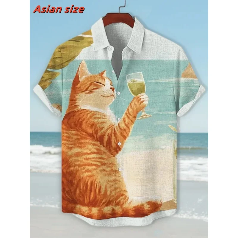 Cat Pyramid Pattern Hawaiian Shirt Men Colorful Waves 3D Printed Aloha Shirts Summer Street Casual Short Sleeve Lapel Blouses